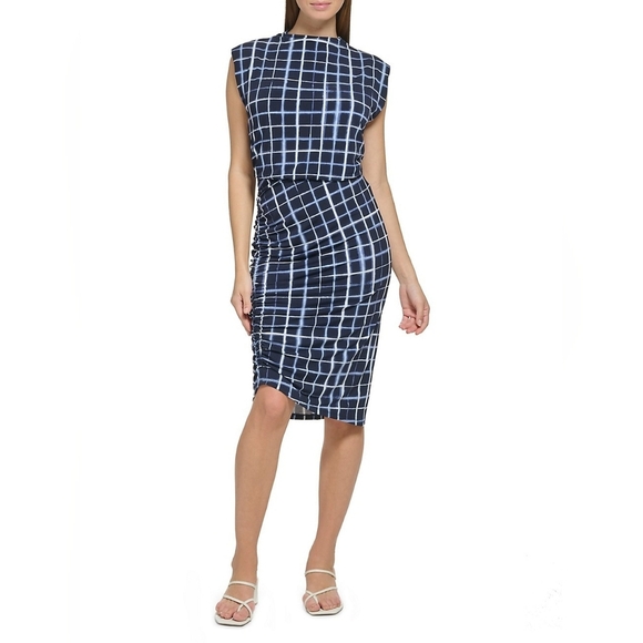 Calvin Klein Check Ruched Knee length dress - size Small - Picture 8 of 9